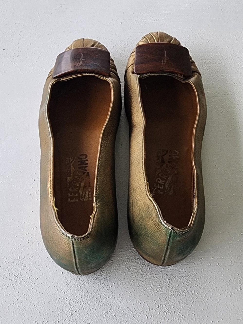 Salvatore Ferragamo Gold Leather Cap-Toe Ballet Flats - Picture 4 of 12